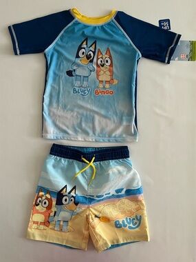 Bluey Blue and Yellow Kids Rashguard & Swim Shorts Set - Bluey & Bingo